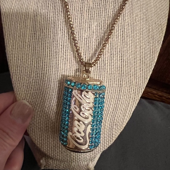 Betsey Johnson Teal/Aqua Crystal Gold Tone Coca Cola Replica Can Necklace, new - Picture 2 of 8